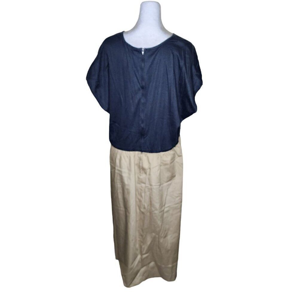 Vintage 80s Cap Sleeve Drop Waist Two Tone Dress Womens Size 2XL Khaki Black - Picture 4 of 6